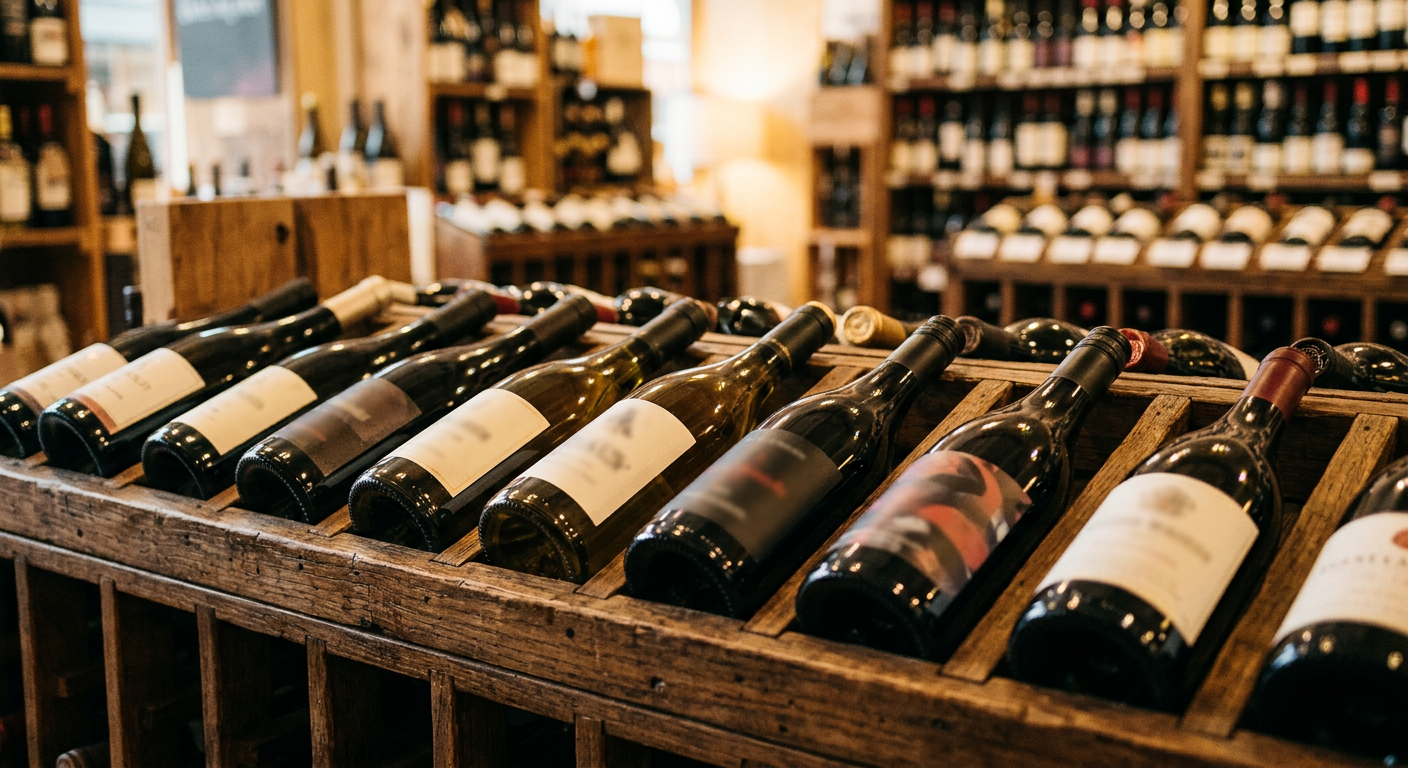 Wine bottles on a wooden display rack in a bottle shop